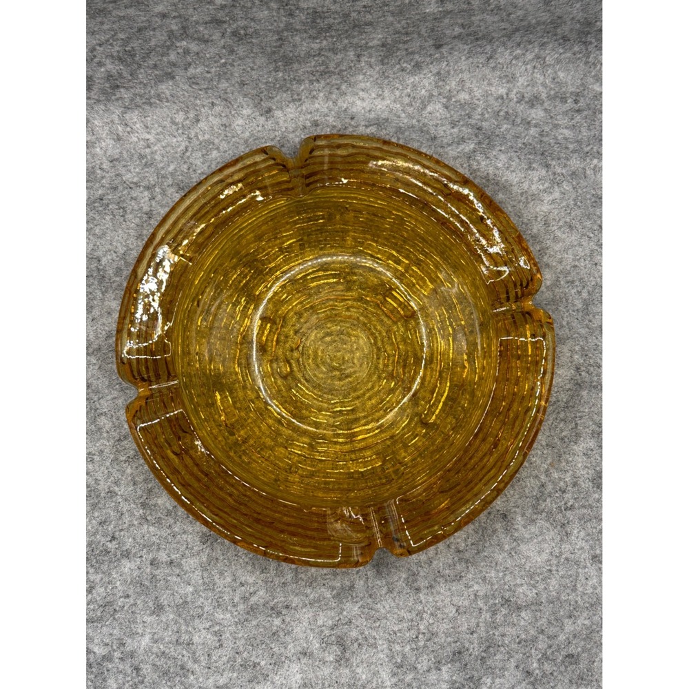 Vintage Amber Glass Ashtray Mid Century Modern Round Textured Honey Gold 6 inch